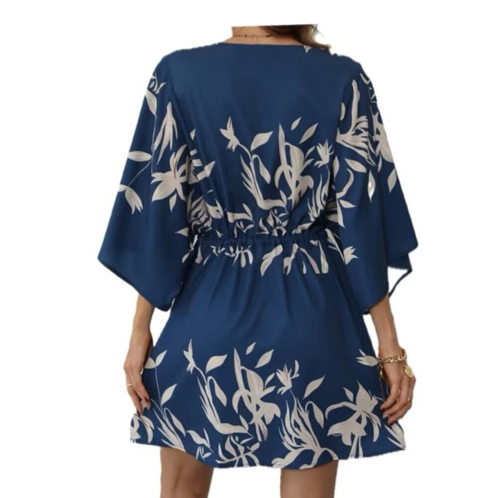 CUPSHE DRESS OVERSIZED SZ M  FLARED SLEEVES NAVY BLUE TAN BEACHY CHIC SUMMER - Picture 2 of 16